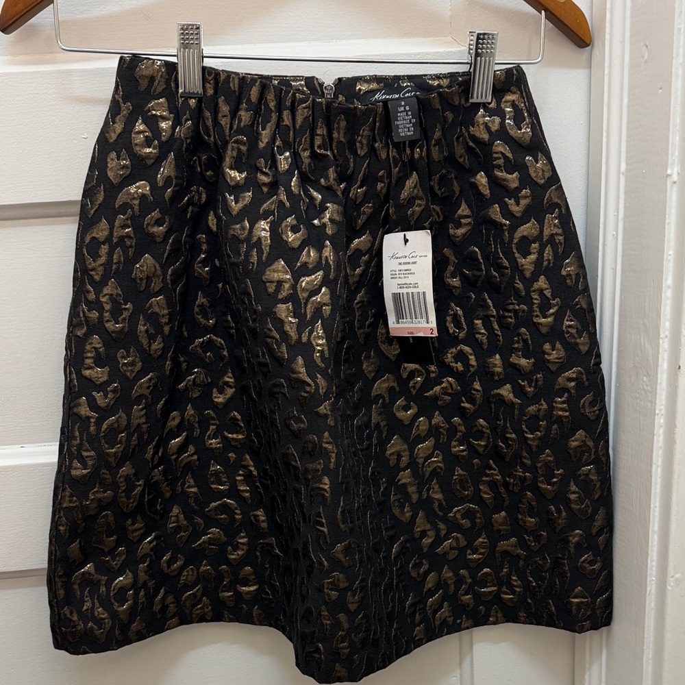 Kenneth Cole Black and Gold Patterned A-Line Skirt